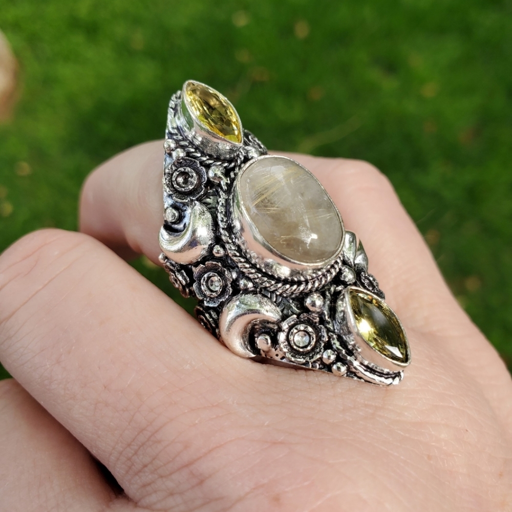 New Golden Rutile and Citrine Crescent Moon 925 Silver Statement Ring.
